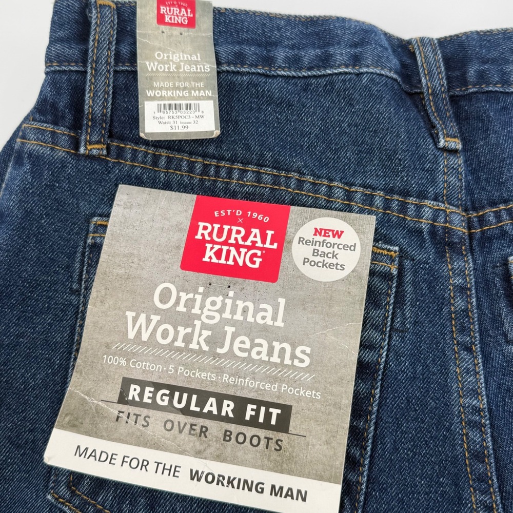 Rural King Mens Original Work Jeans 31x32 Dark Wash Regular Fit RK5POC3-MW NWT - Picture 2 of 6